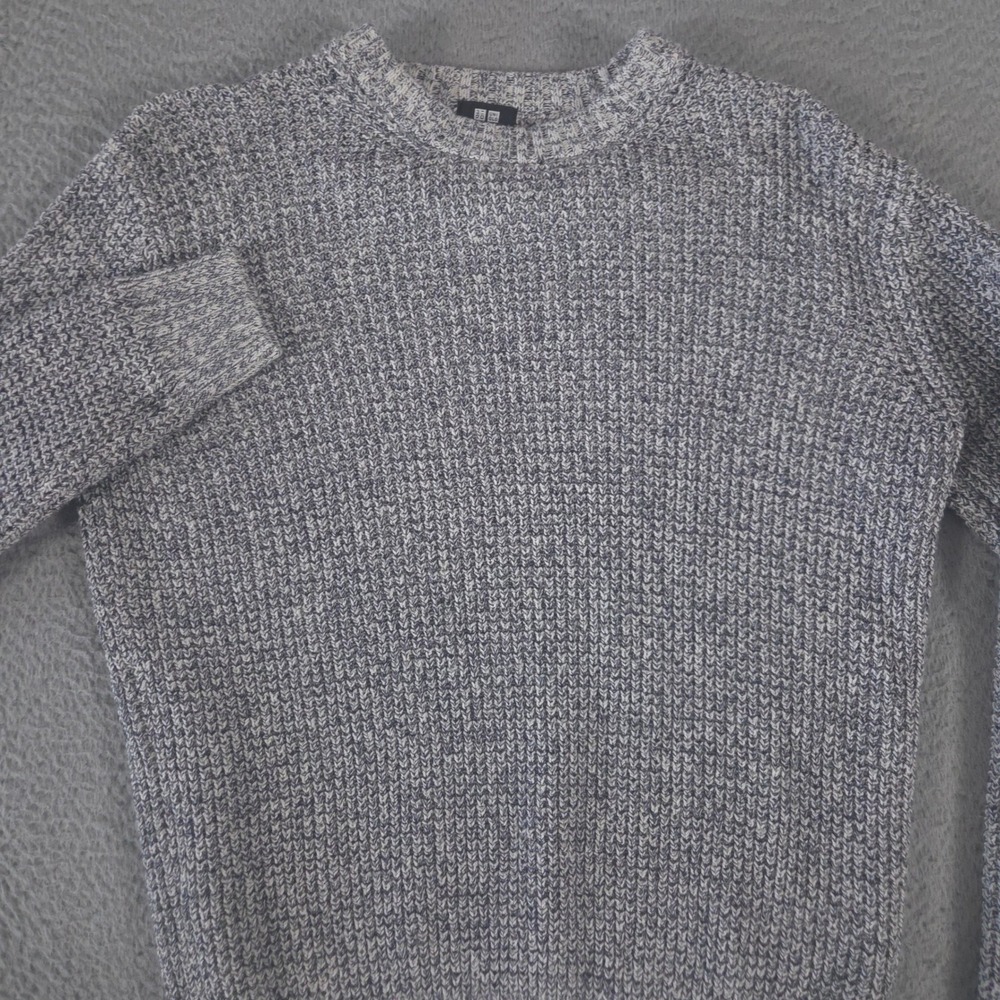 Uniqlo Sweater Mens Medium Grey Marled Cotton Blend Shaker Stitch Crewneck Knit